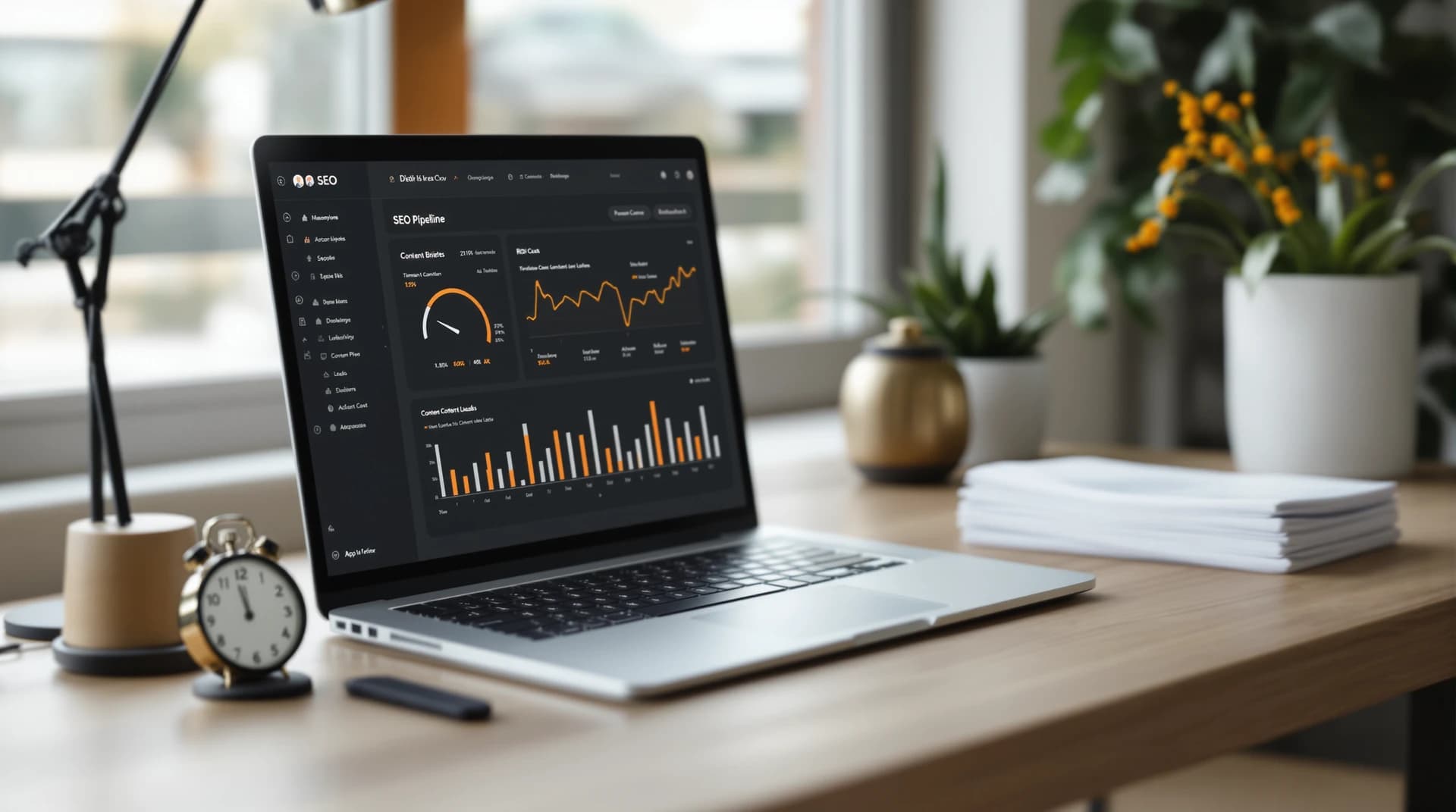 Minimalna scena przy biurku: laptop z rozmytym dashboardem SEO, stopera i teczka briefów, symbol ROI i oszczędności czasu.