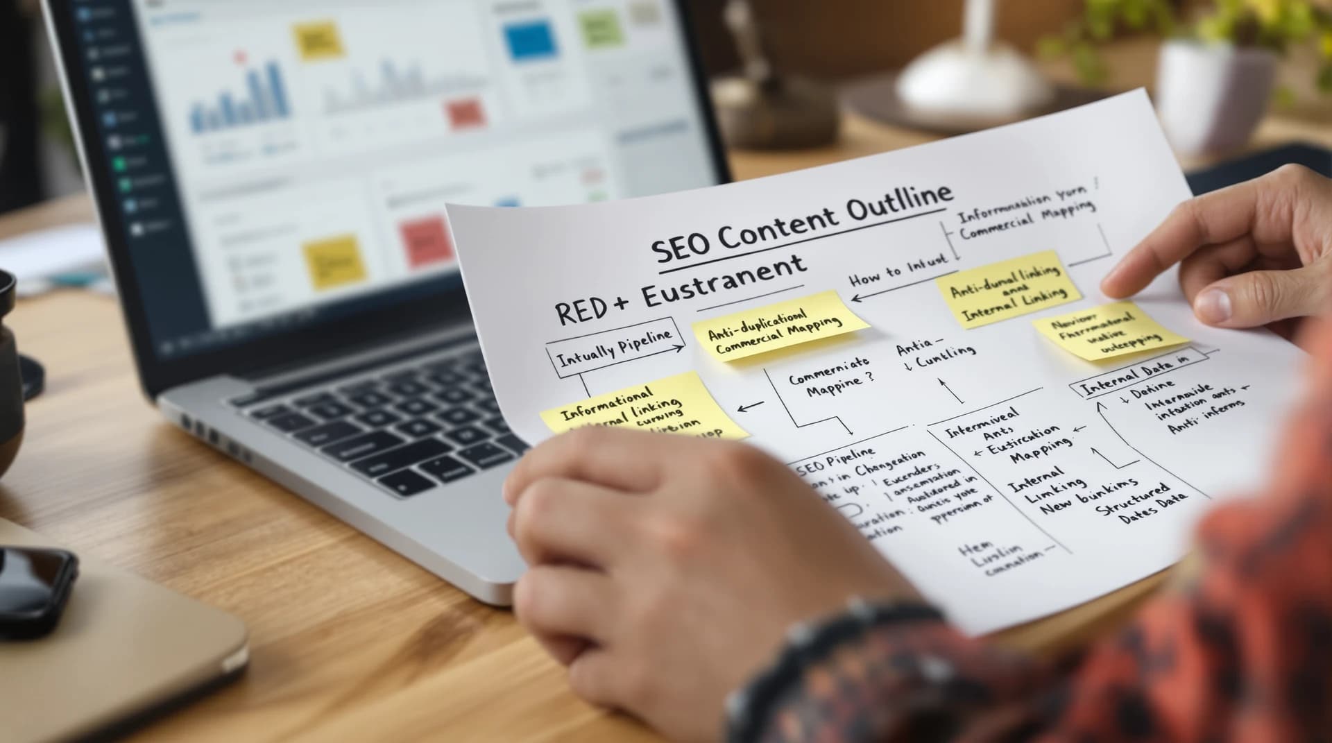 Dłonie dopasowują outline SEO na biurku obok laptopa z zamazanym dashboardem pipeline i karteczkami intencji.