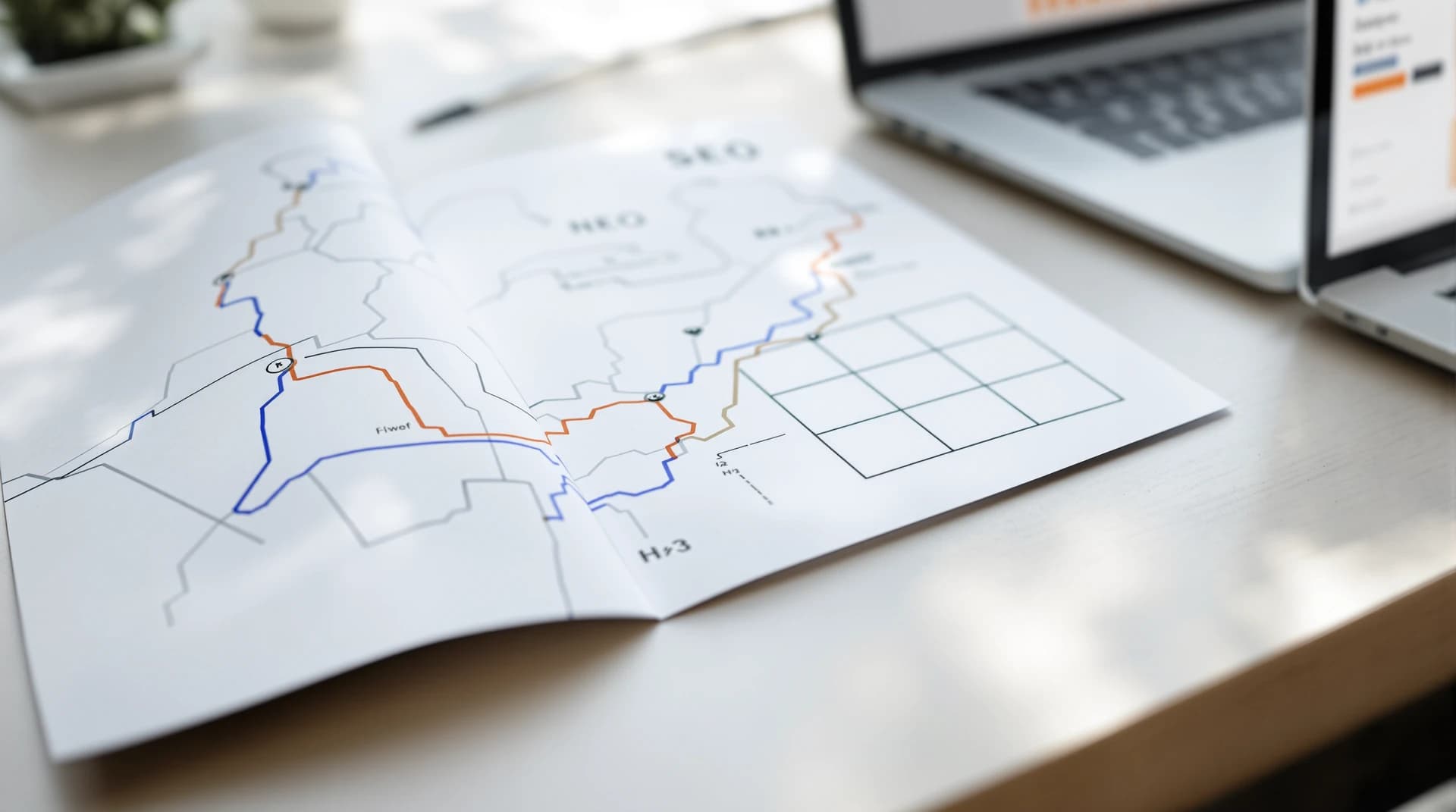 Minimalist desk with a paper map route and a simple outline grid, symbolizing a content structure plan for SEO and GEO.