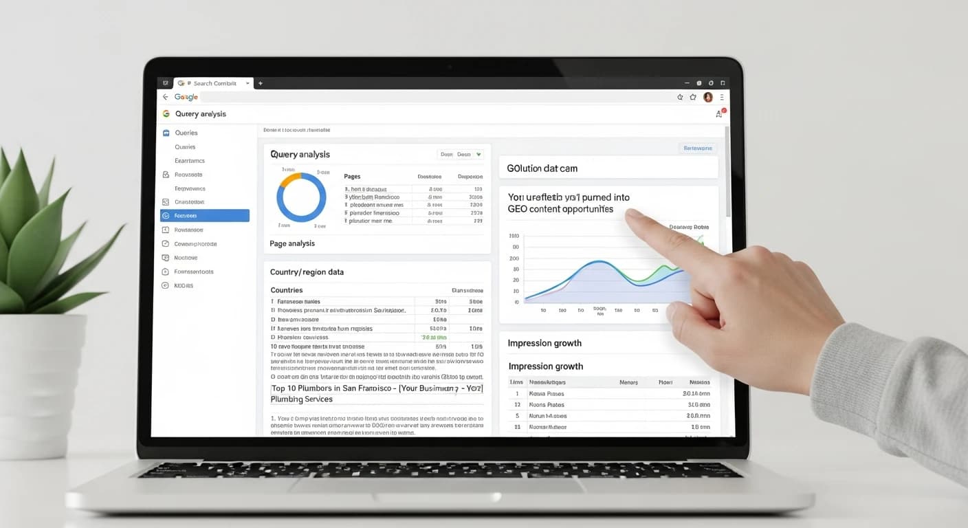 Laptop z widokiem panelu Google Search Console Wydajność, wykresy i tabela, dłoń wskazuje obszar danych do analizy GEO.
