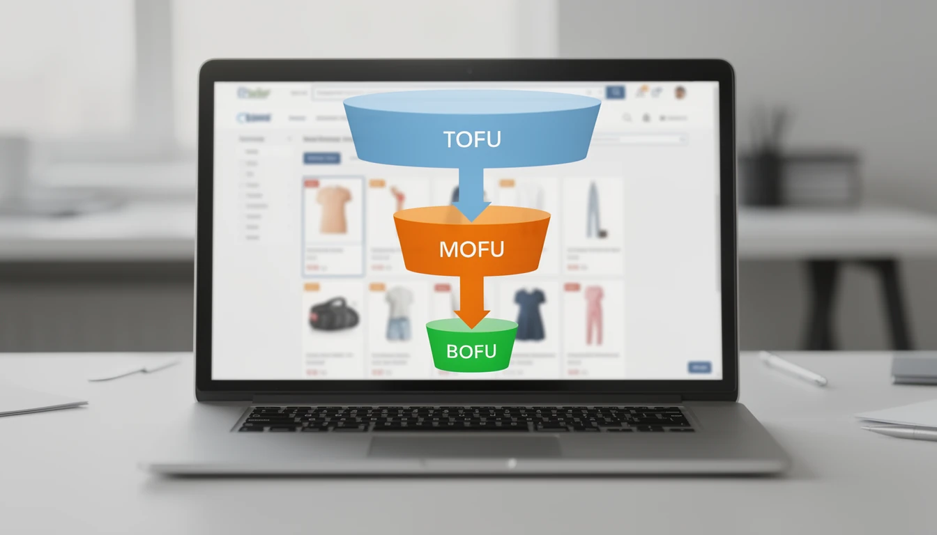 Laptop z widokiem strony kategorii e-commerce i podziałem na TOFU, MOFU, BOFU, z formularzem kontaktu w tle, bez czytelnego tekstu.