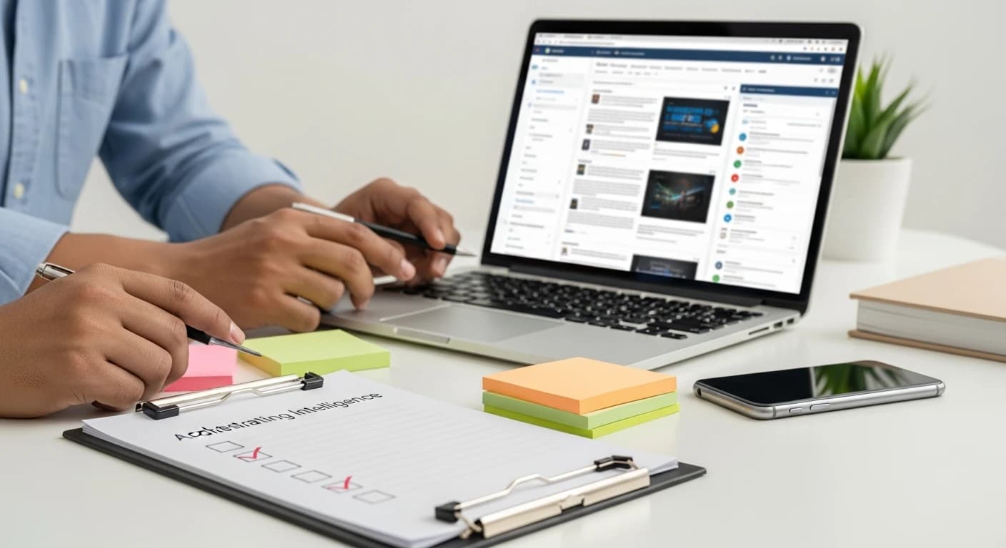 Zespół przy laptopie z rozmytymi panelami wyników AI, obok notatki i checklisty—symbol anty-duplikacji w web research.