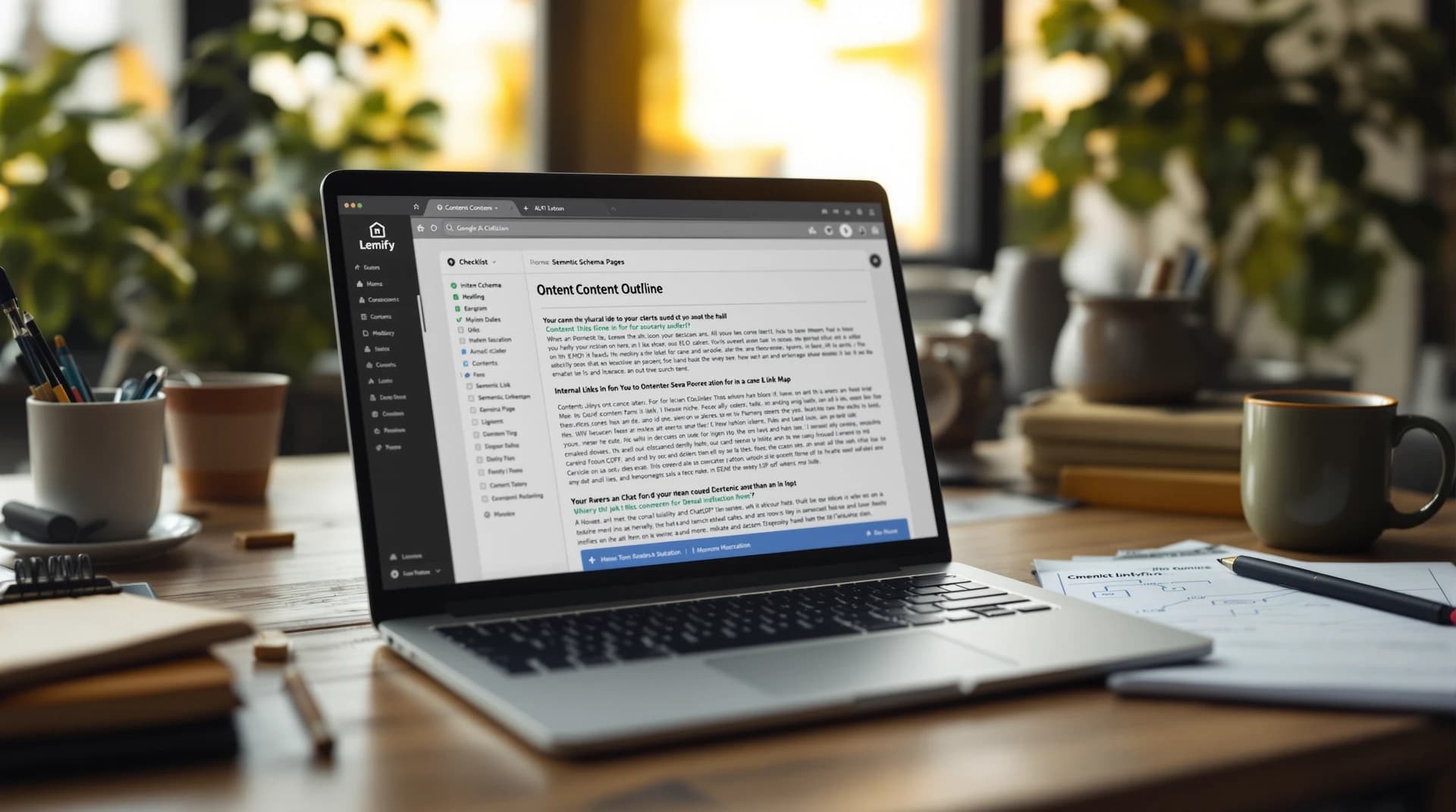 Laptop z rozmytym szkicem outline i mapą linkowania wewnętrznego, obok checklisty oraz schemat semantyczny, klimat pracy SEO.