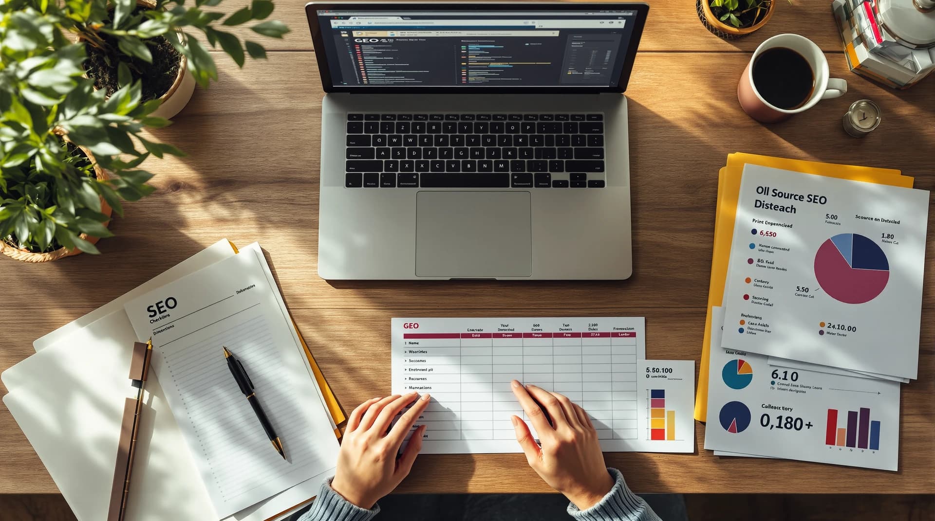 Top-down desk scene with a laptop, source cards, and a small scoring dashboard for SEO and GEO pipeline quality control.