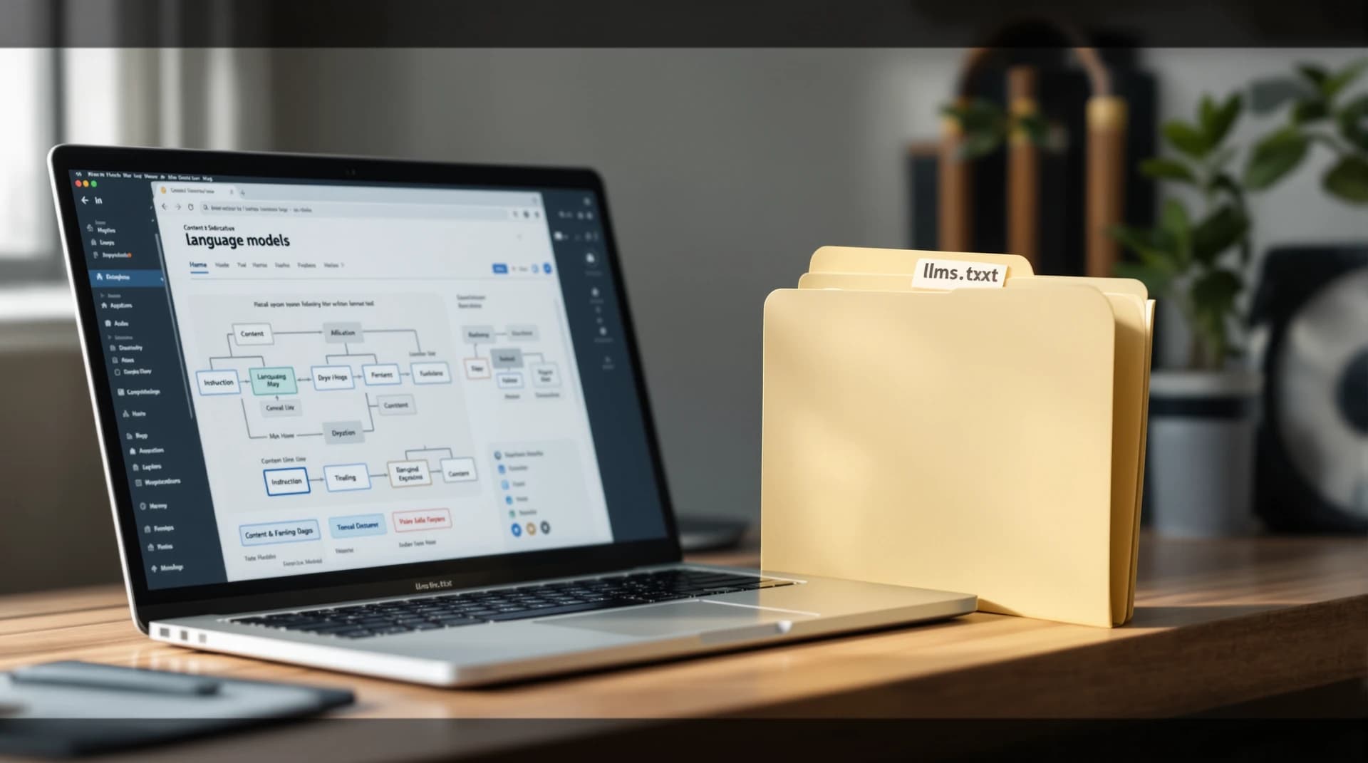Close-up of an out-of-focus folder and laptop diagram symbolizing llms.txt as an instruction map for language models.
