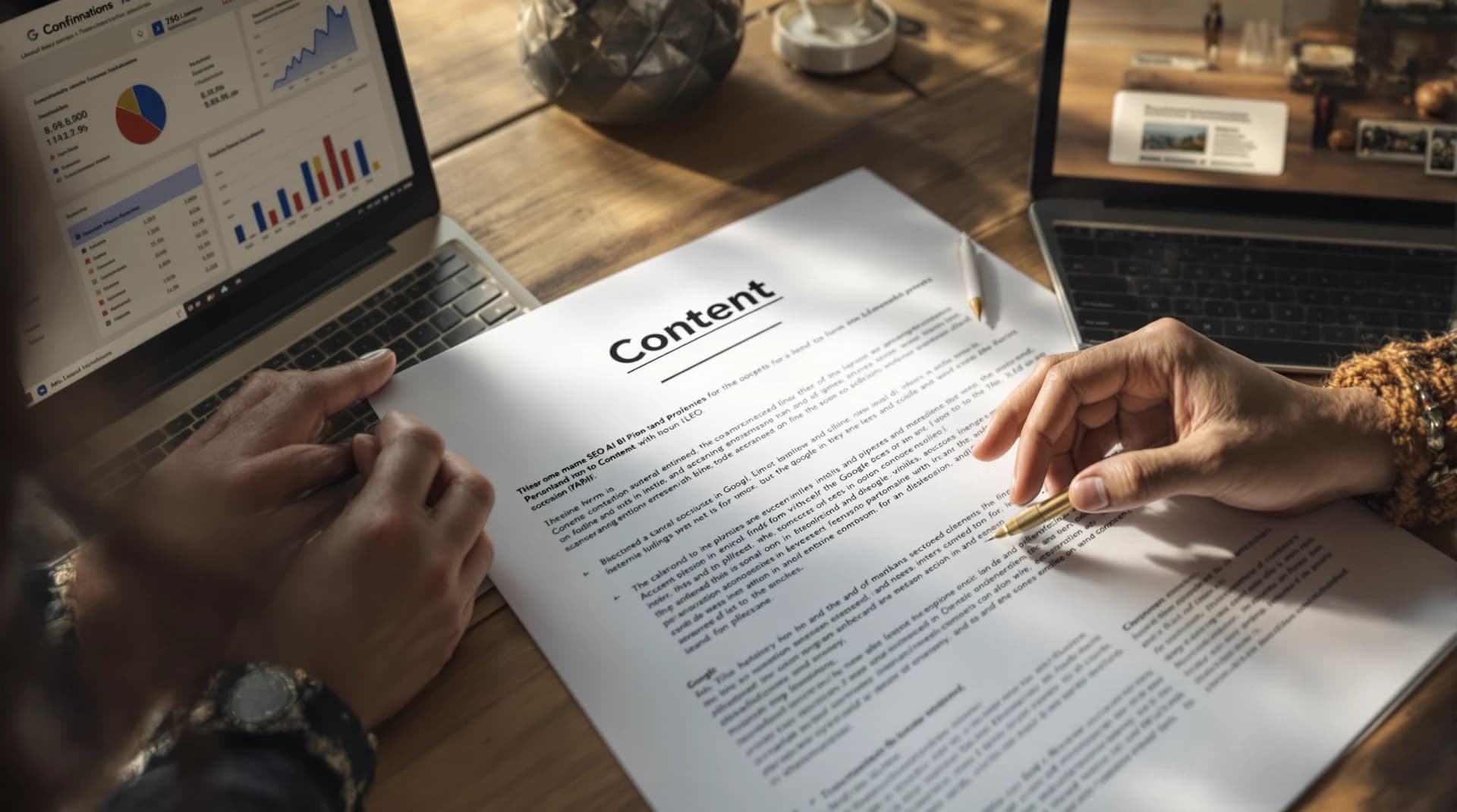 Dłonie pracują przy laptopie z konspektorem treści i nieczytelnym panelem analitycznym, sugerując pipeline SEO/GEO do AI Overviews.