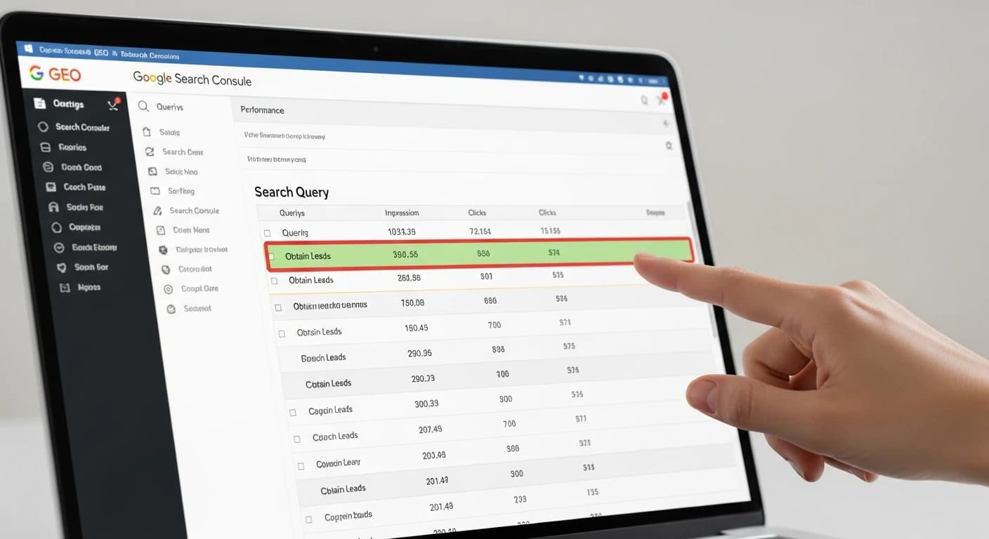 Laptop z widokiem tabeli Google Search Console: zapytania, wyświetlenia i kliknięcia, a dłoń wskazuje frazę pod lead.