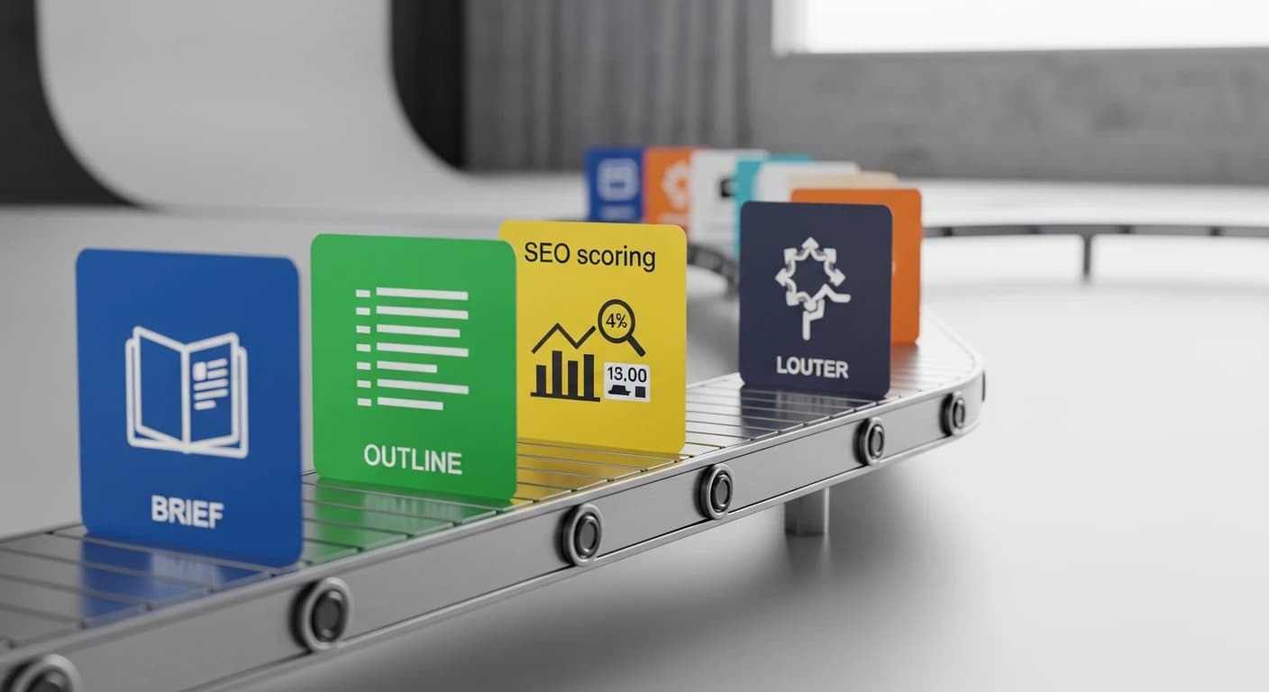 Fotorealistyczna scena przypominająca linię produkcyjną treści: brief, scoring SEO i linkowanie w uporządkowanym procesie.